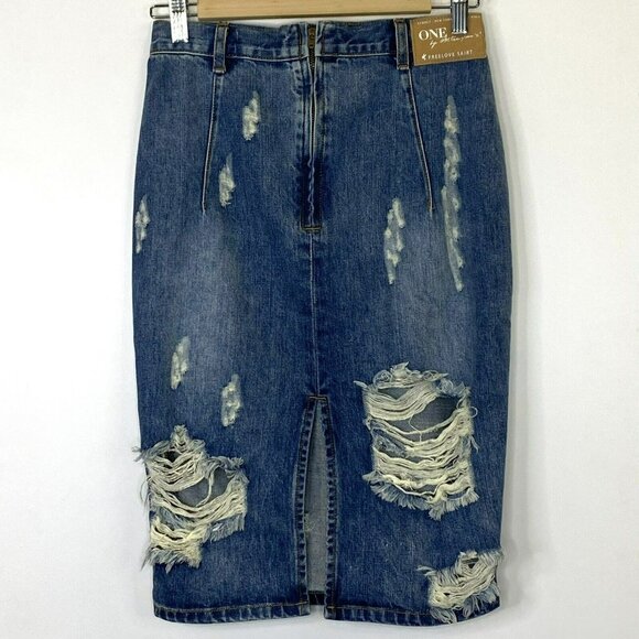 One X Oneteaspoon Skirt Women Size 27 Freelove Blue Jean Denim Distressed Pencil - Picture 3 of 5